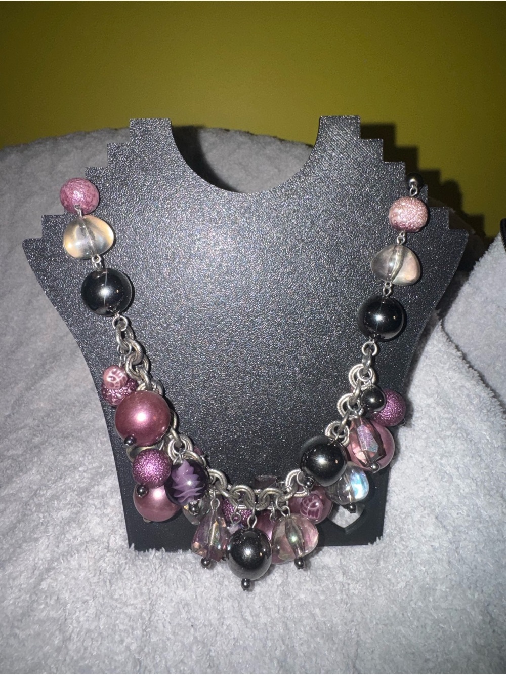 Chico's Purple, Clear, Black & Gun Metal Beaded Charm Necklace NWOT